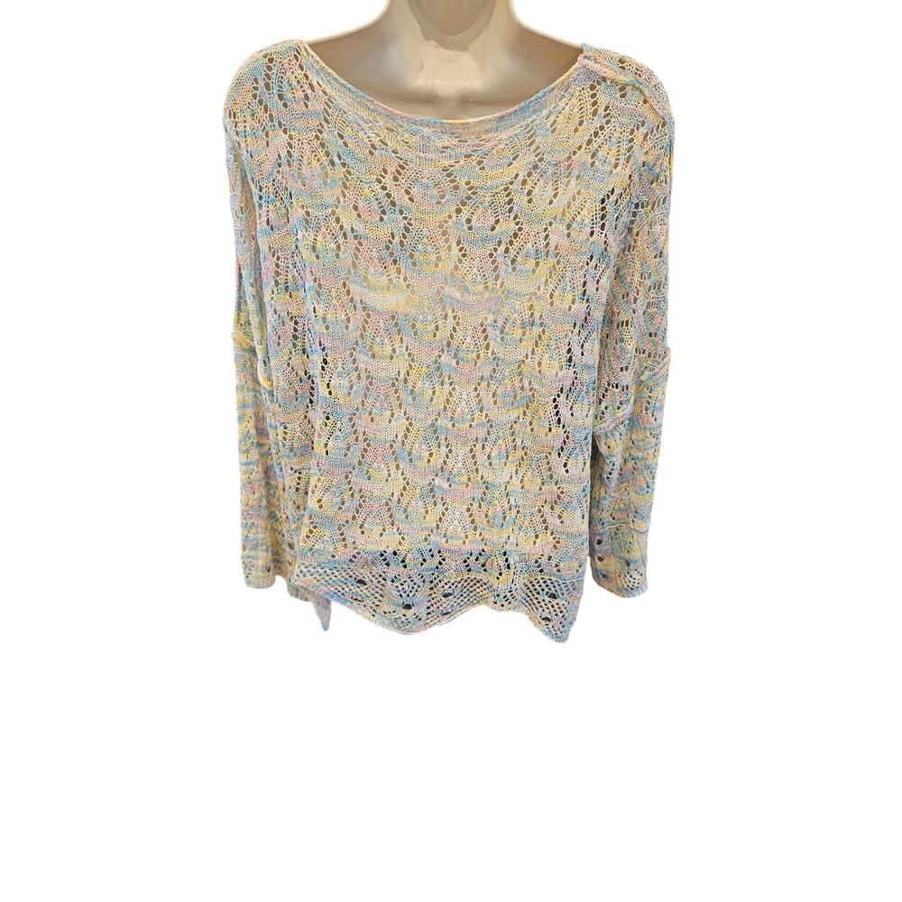Pol pastel crochet scalloped hem trim M slub wide arm relaxed fit layering top - Picture 4 of 10